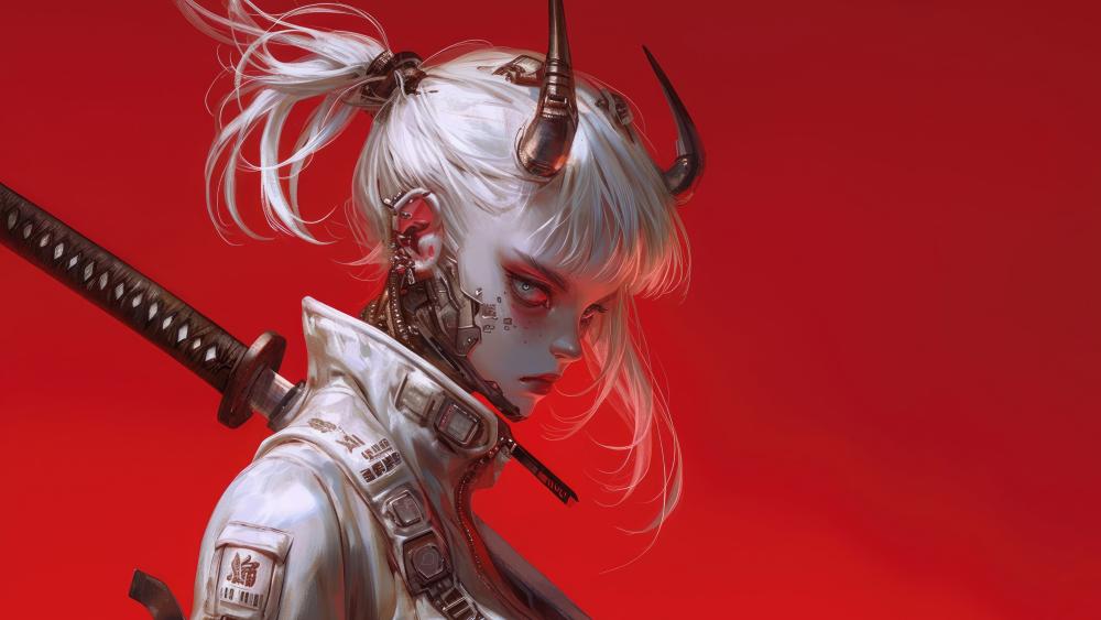 Horned White Haired Katana Warrior in Crimson Anime Dark Fantasy wallpaper