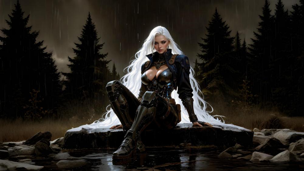 White Haired Cyborg Siren in the Stormlit Forest wallpaper