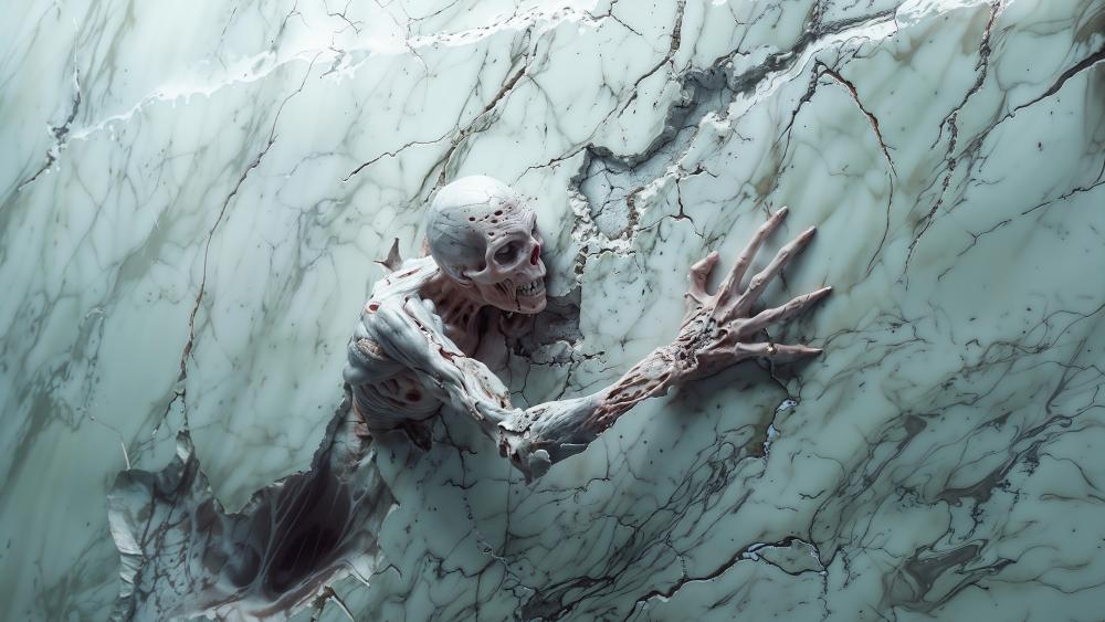 Marble Crypt Awakening Skeleton Reaching Through Cracked Stone wallpaper
