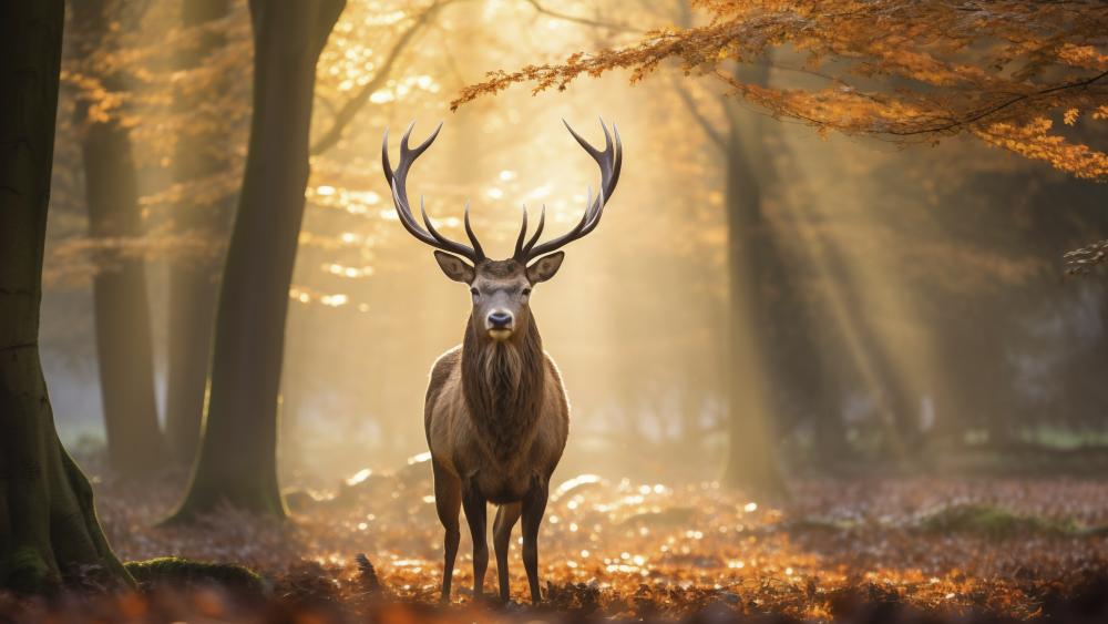 Majestic Stag in Golden Autumn Forest Sunbeams 4K Wallpaper wallpaper