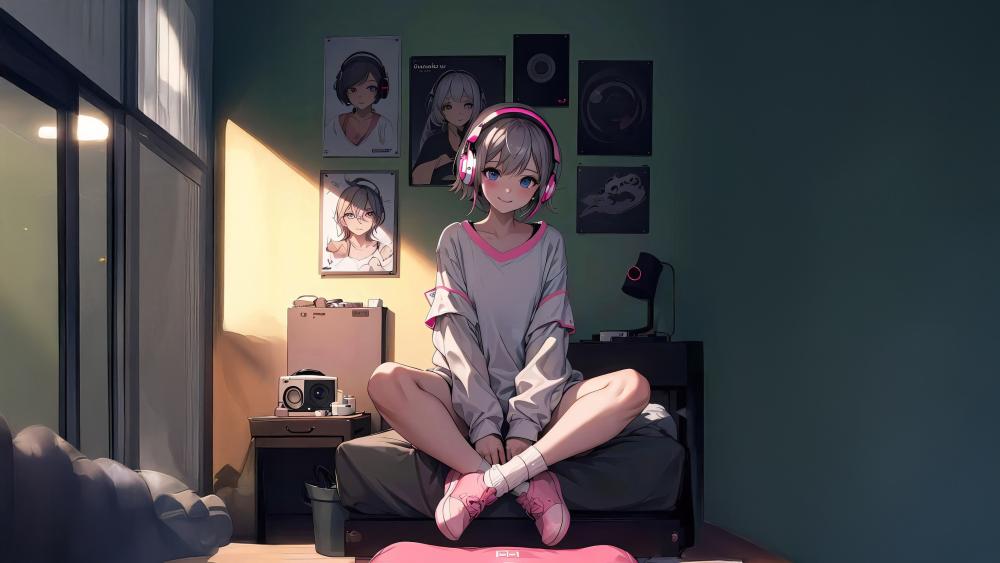 Cozy Lo Fi Gamer Girl in Sunlit Anime Bedroom 4K wallpaper