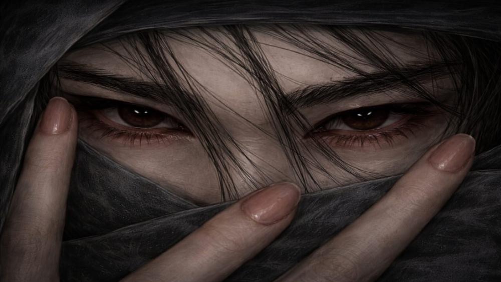 Masked Anime Gaze Through Shadowed Strands and Silent Eyes wallpaper