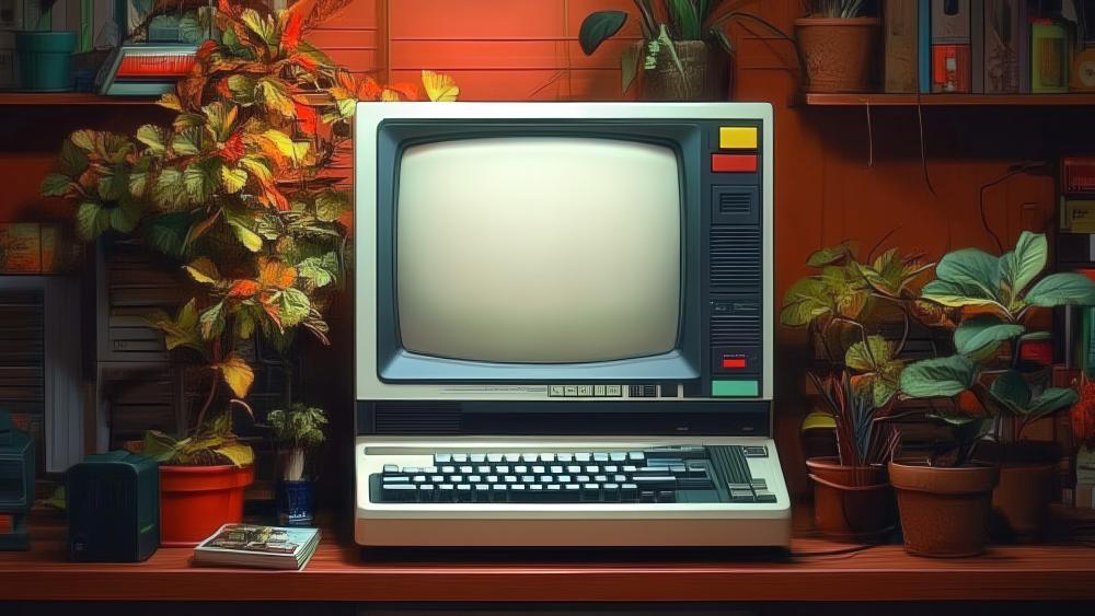 Cozy Retrofuturist Workspace with Vintage Computer and Lush Houseplants wallpaper