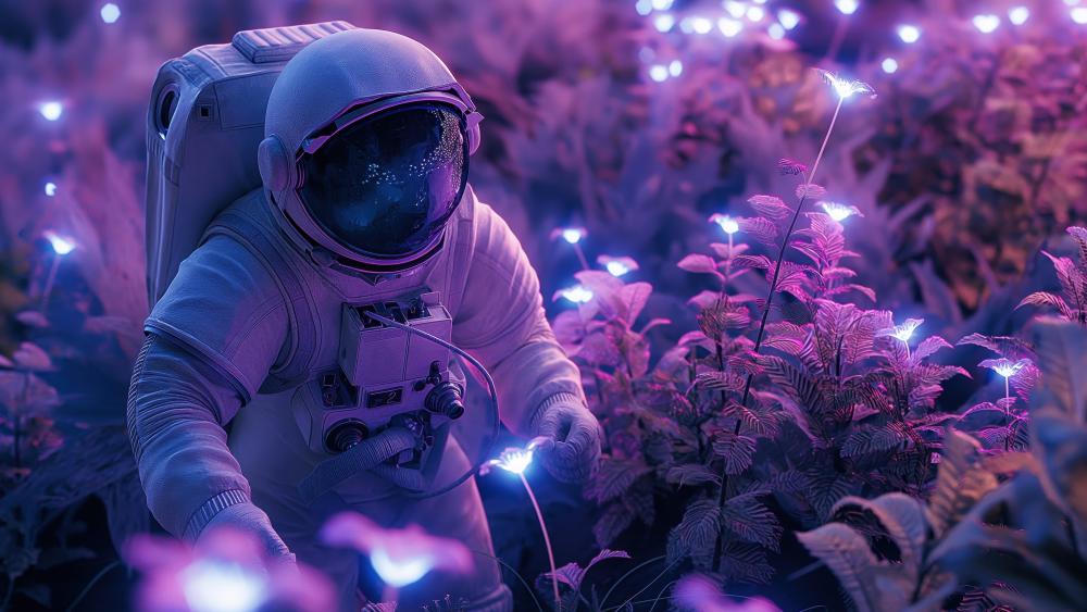 Astronaut Among Bioluminescent Purple Flora on an Alien Settlement World wallpaper
