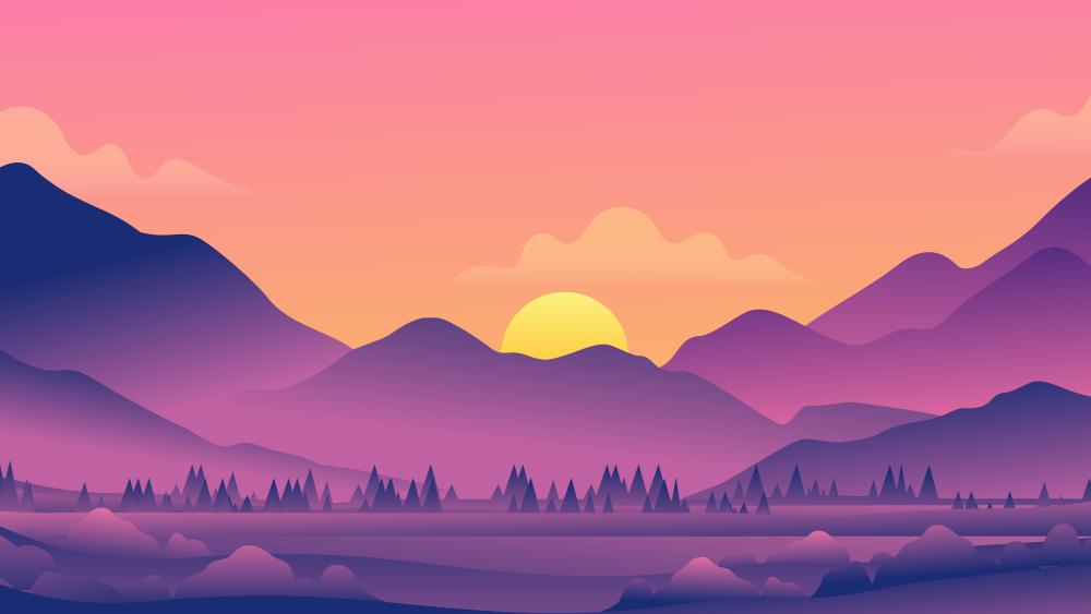 Minimalist Purple Sunset Over Dreamy Mountain Valley Landscape wallpaper