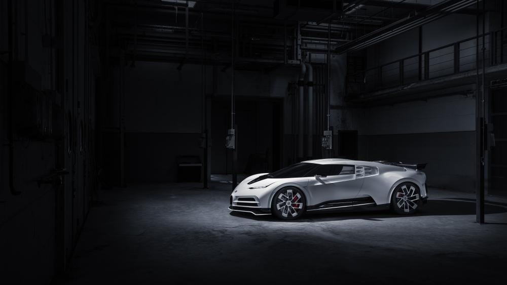 Monochrome Bugatti Centodieci Supercar in Shadowed Industrial Garage wallpaper