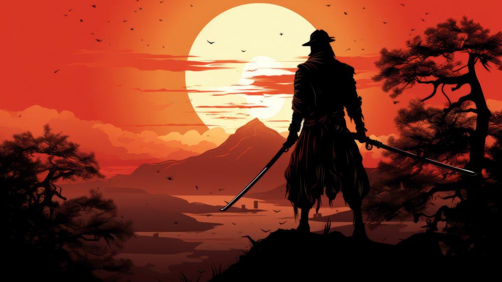 Lone Ronin Silhouette at Sunset Over Feudal Japan Mountains wallpaper
