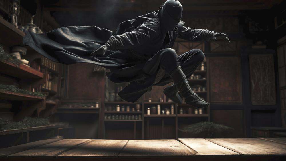 Shadowbound Ninja Leaping Through a Hidden Apothecary wallpaper