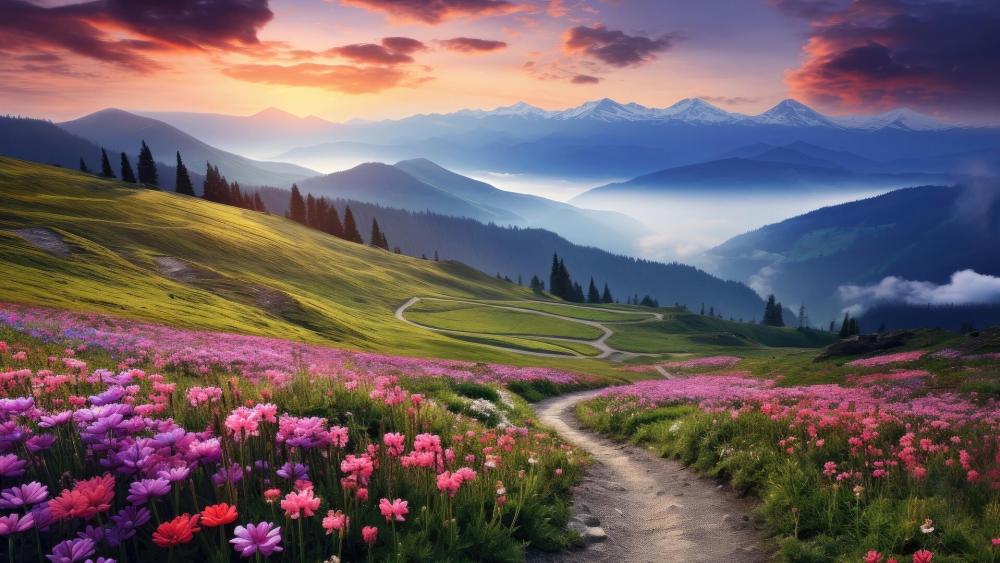 Sunrise Path Through a Wildflower Meadow in the Mountain Highlands wallpaper