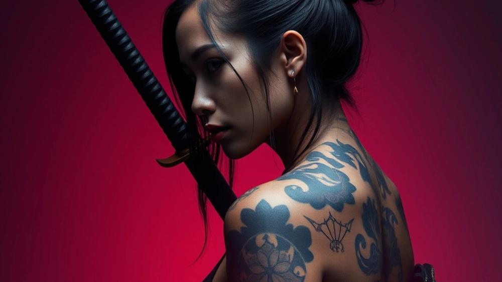 Ink and Steel Silent Tattooed Samurai Under Crimson Shadows wallpaper