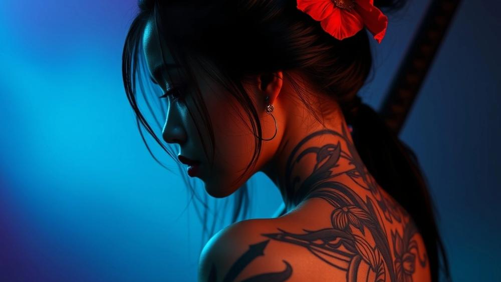 Midnight Katana Muse Tattooed Samurai Warrior in Neon Silence wallpaper