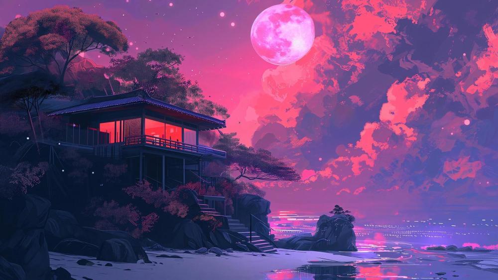 Pink Supermoon Over Seaside Hut in Dreamy Anime Evening Glow wallpaper
