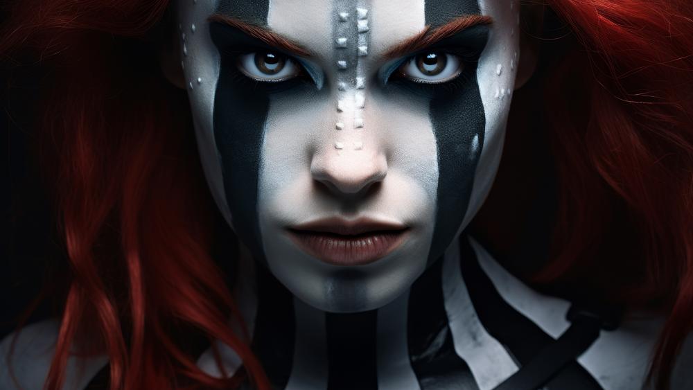 Crimson Haired Goth Portrait with Bold Monochrome Body Paint wallpaper