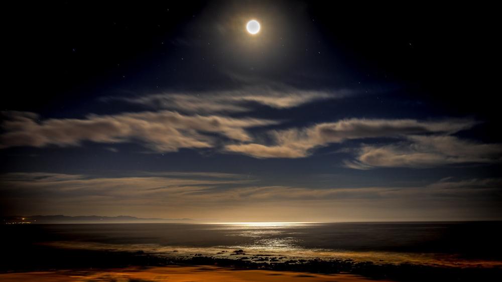 Moonlit Horizon Over Calm Sea and Silent Shore wallpaper