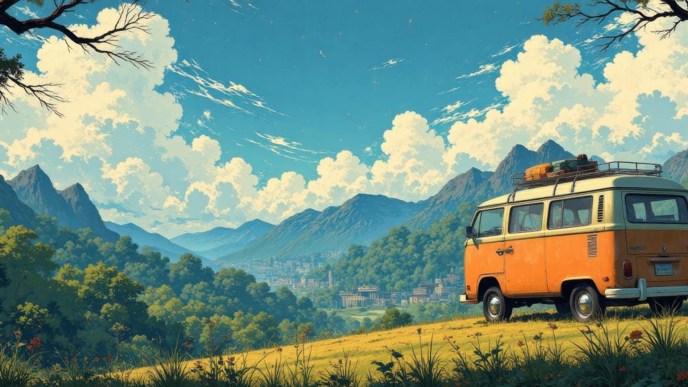 Sunlit Vintage Volkswagen Minibus Overlooking Mountains in Anime Summer Skies wallpaper
