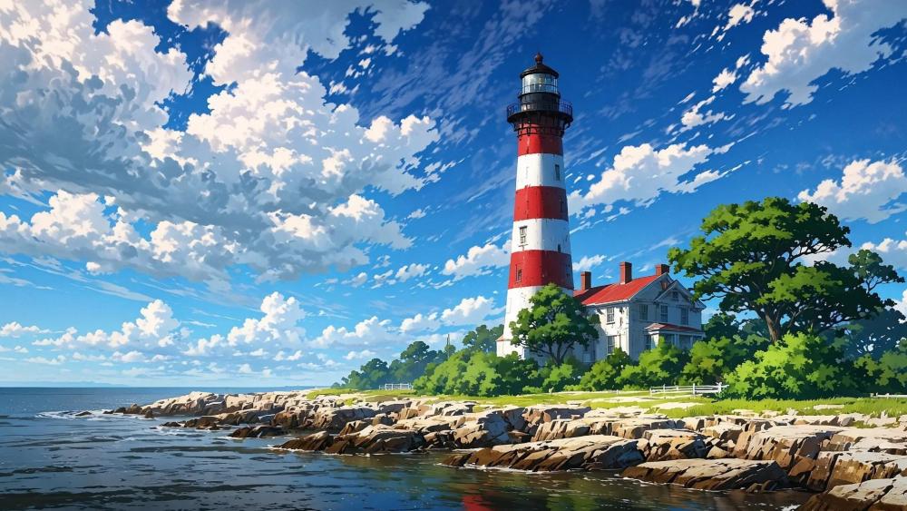 Summer Skies Over a Coastal Lighthouse in Anime Style wallpaper