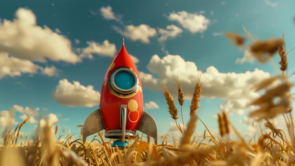 Retro Rocket Over Wheatfield wallpaper