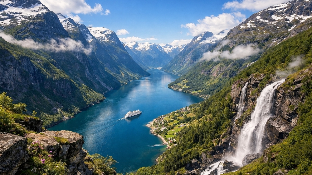 Majestic Fjord Waterfall Escape wallpaper