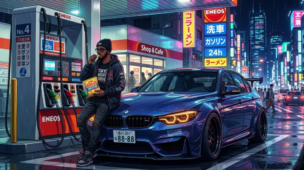 Neon Night Drive at Tokyo Gas Station wallpaper
