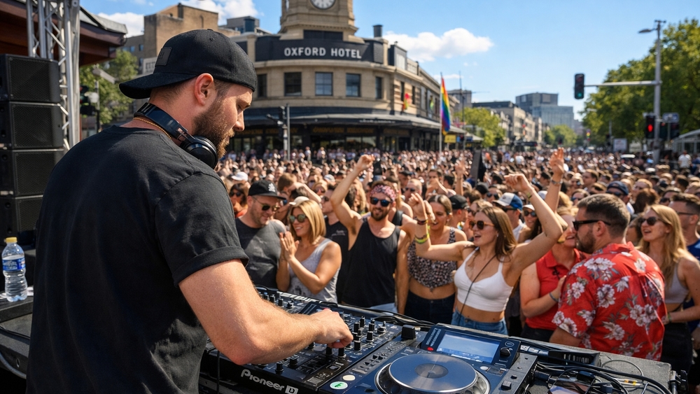 Live DJ Energizes City Street Crowd wallpaper