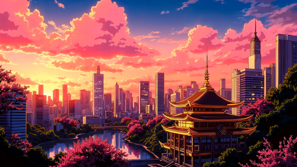 Sunset Sakura Skyline Sanctuary wallpaper