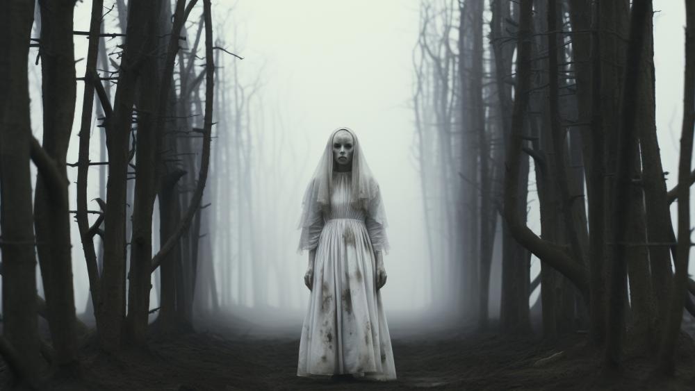 Ghost Bride in the Misty Forest wallpaper