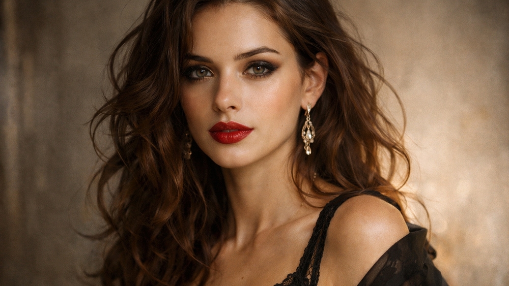 Elegant Brunette Portrait with Red Lips and Jewelry wallpaper