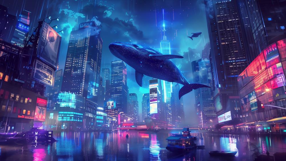 Neon Whale Over Rainy Skyline wallpaper