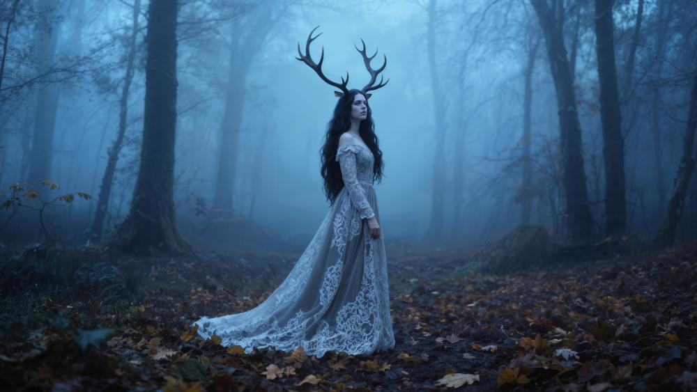 Misty Forest Goddess in Gothic Antlers wallpaper