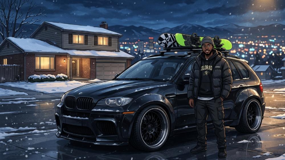 Snowy Night Drive with Anime Style BMW wallpaper