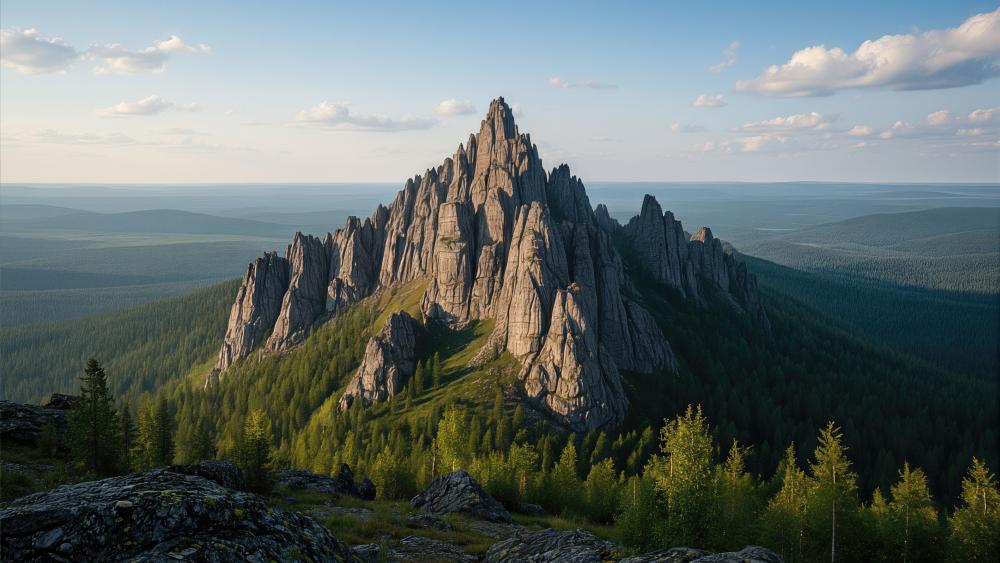 Majestic Mountain Spires Above Forest Valley wallpaper