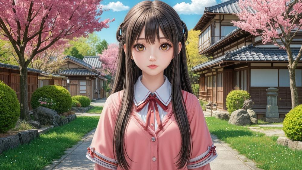Cherry Blossom Village Dream wallpaper