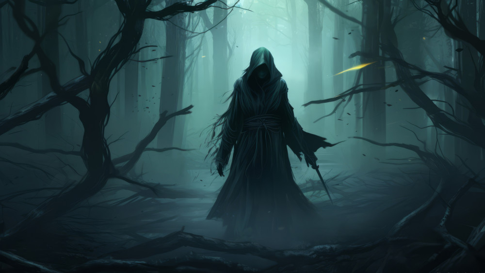 Shadowed Ninja in the Foggy Forest wallpaper