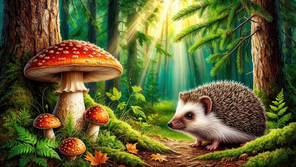 Whimsical Hedgehog Beneath Enchanted Forest Mushrooms wallpaper