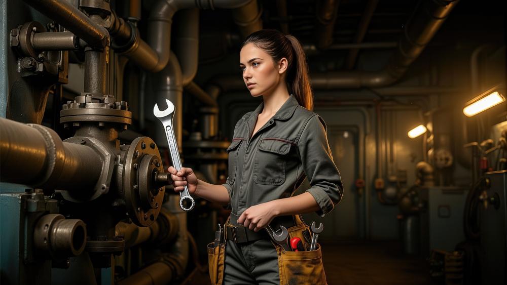 Industrial Maintenance Woman in Dim Engine Room wallpaper