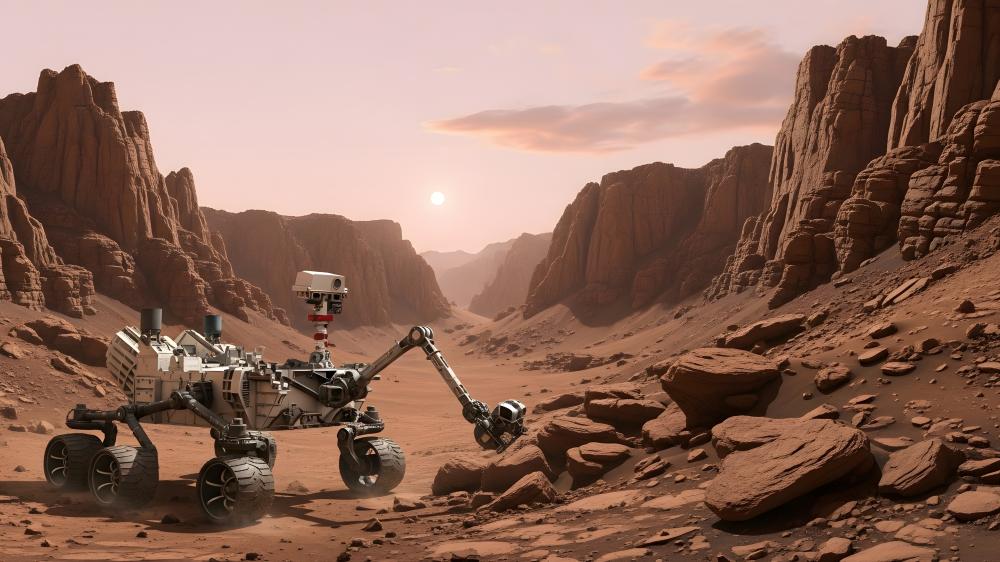 Mars Rover Exploring Red Planet Canyon wallpaper