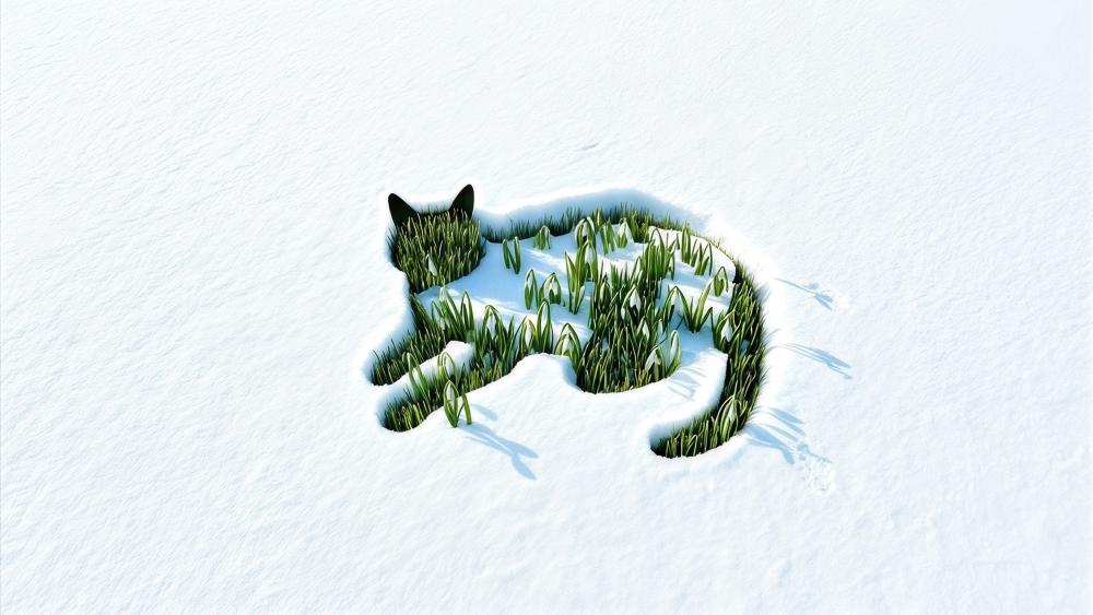 Hidden Cat in Snow Bloom wallpaper