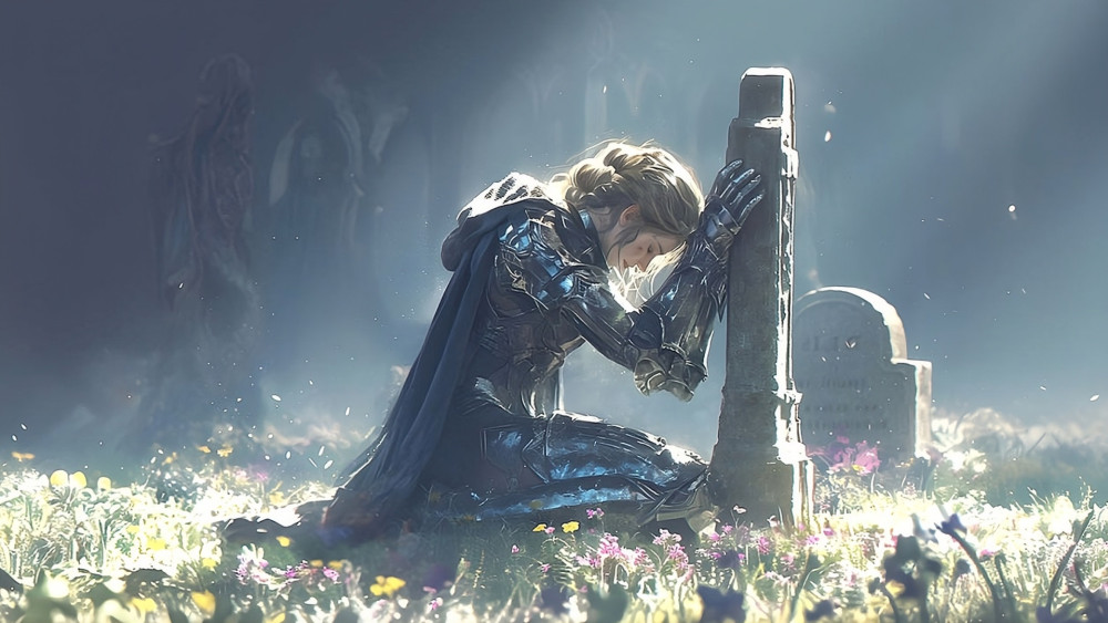 The Grieving Knight in Moonlit Cemetery wallpaper