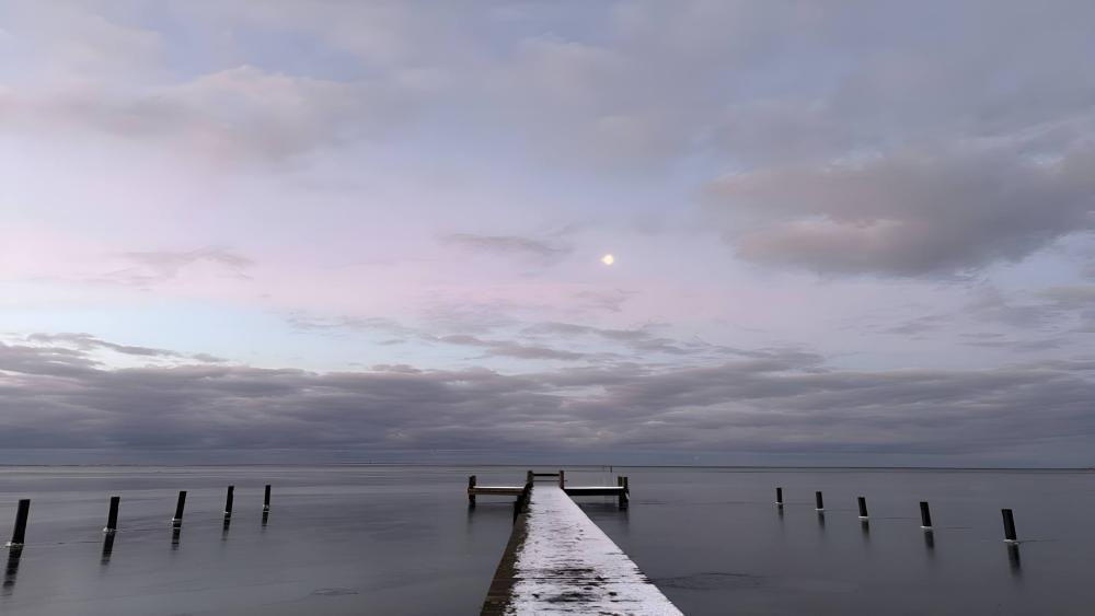Silent Winter Pier Over Calm Lake wallpaper