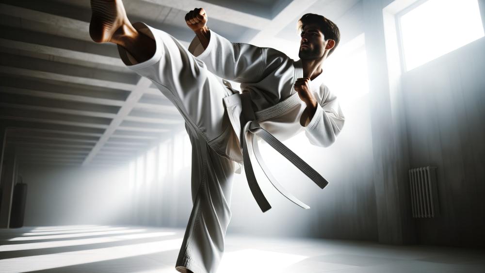 Dynamic Karate Kick in Sunlit Dojo wallpaper
