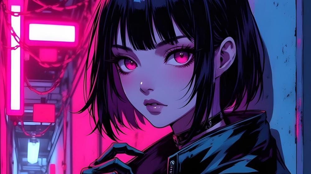 Neon Gaze of the Silent Anime Girl wallpaper