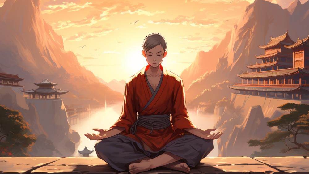 Sunlit Zen Monk in Mountain Temple wallpaper