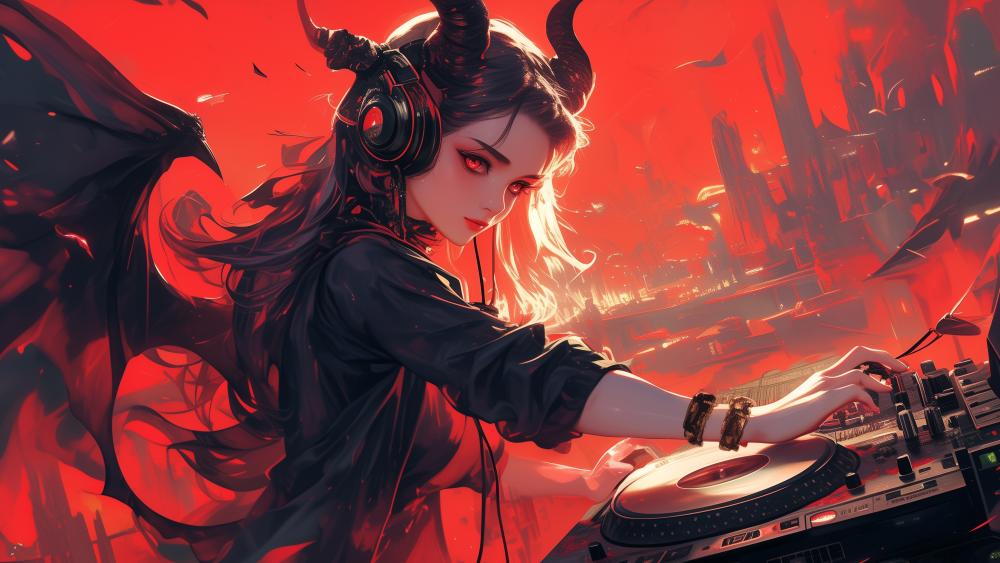 Demonic DJ Queen in Crimson Light wallpaper