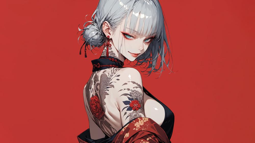 Silver Bloom Tattooed Anime Beauty wallpaper