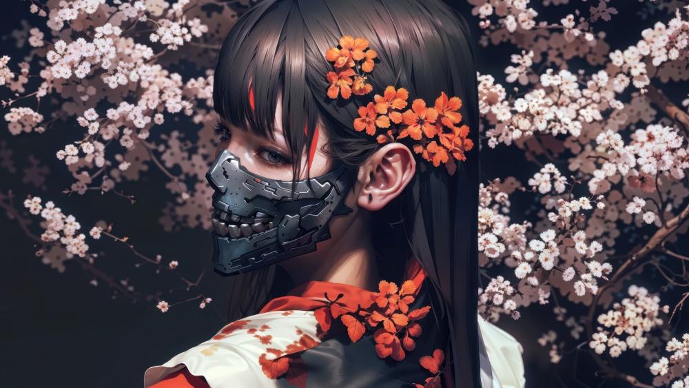Cyber Blossom Cyberpunk Kimono Girl wallpaper