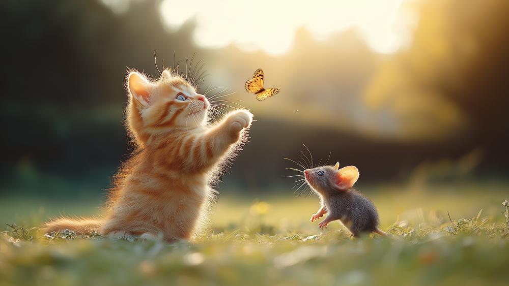 Golden Kitten and Mouse in Enchanted Meadow wallpaper