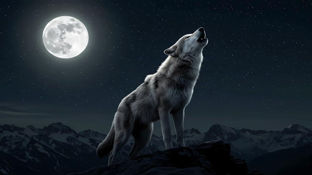 Moonlit Wolf Under Starry Night Sky wallpaper
