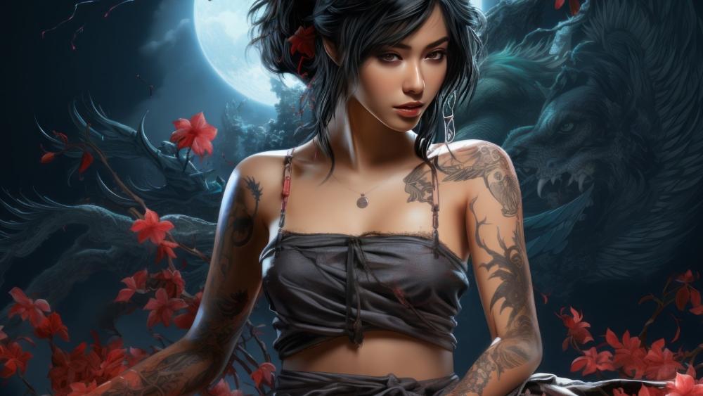 Moonlit Tattooed Enchantress wallpaper