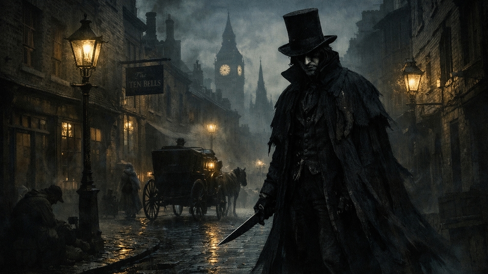 Shadowed Ripper in Foggy Victorian London wallpaper