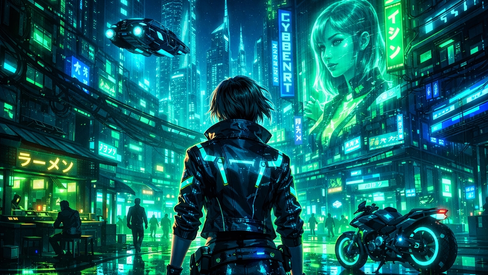 Neon Vigil in Cyber City wallpaper